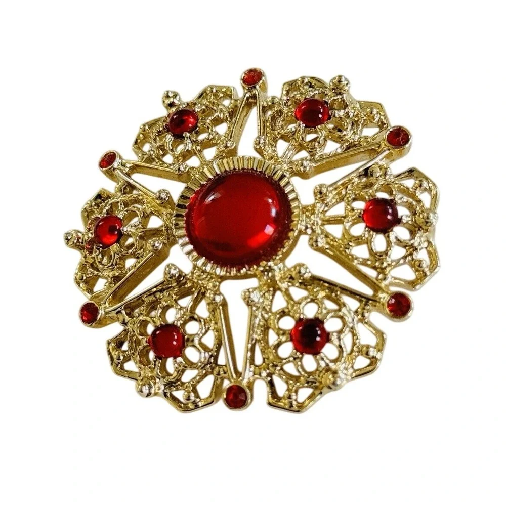 Sarah Coventry Regal Brooch Pin VTG Red gold Glass Cabochon Rhinestone Jeweled‎